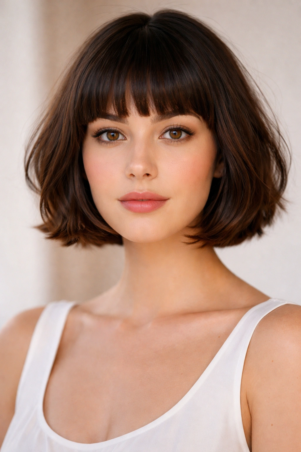 18 Bob Haircuts With Bangs Matched To Face Shape 9 Portrait of a model with French bob and blunt bangs for pear-shaped faces