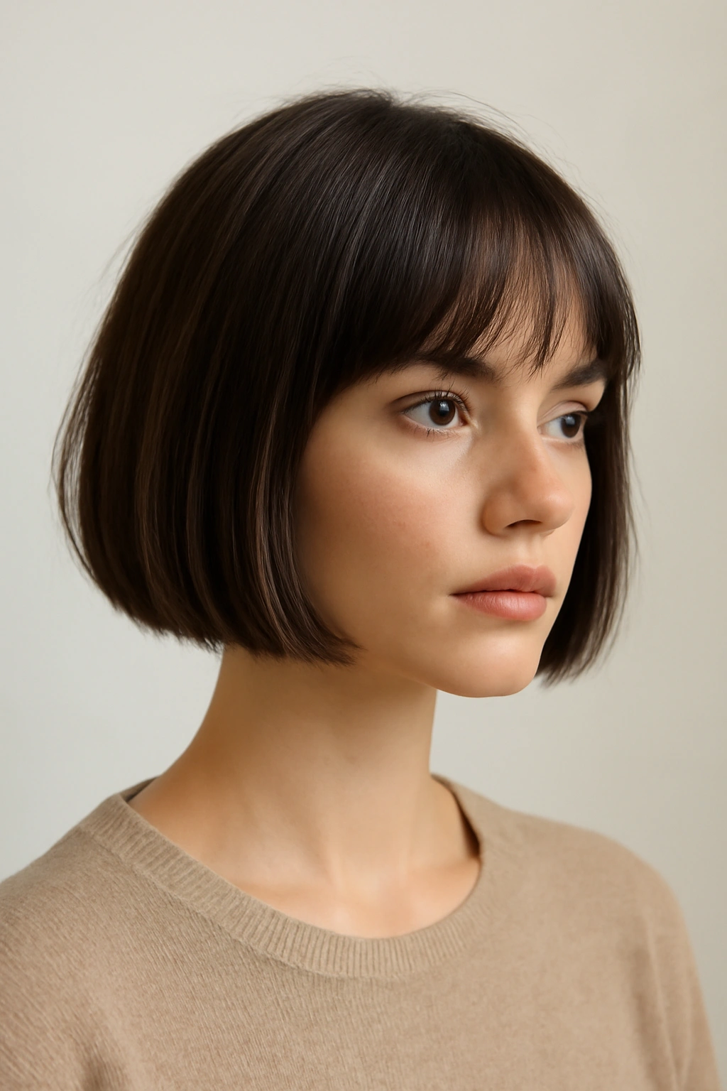 Model with blunt jaw-length French girl bob in a sleek, chic style