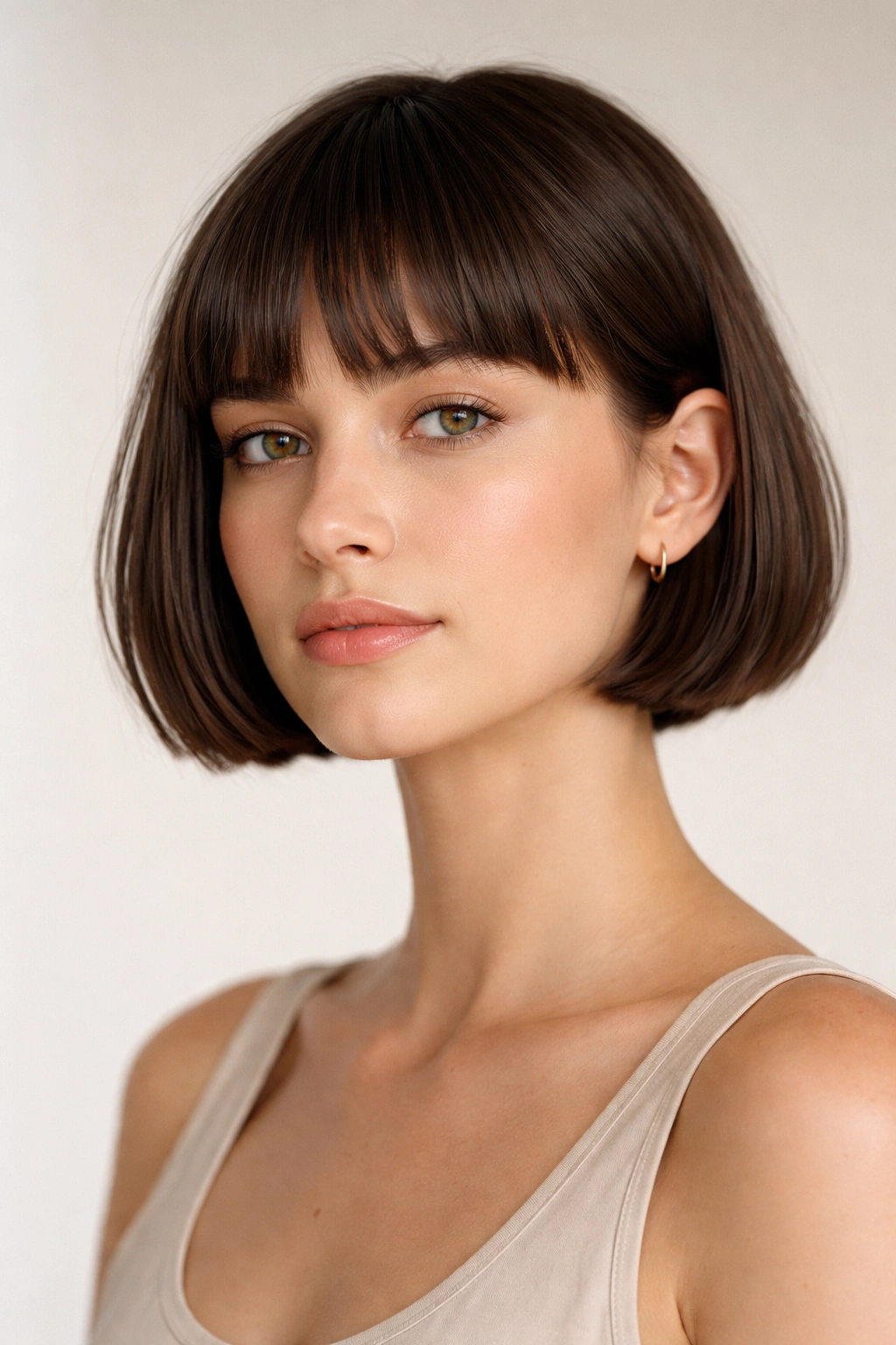 Close-up of a person with a blunt French bob and straight edge in a neutral studio
