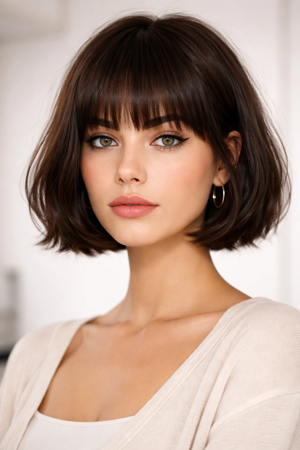 French bob with a heavy fringe and chin-length cut.