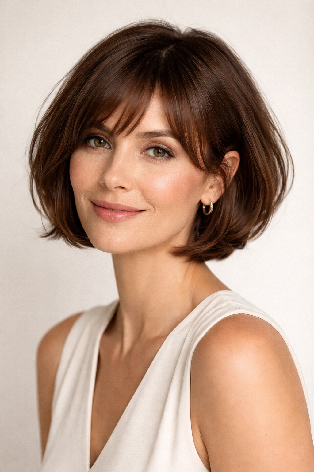 Chic chin-length French bob with internal layers in warm chestnut on fine hair.