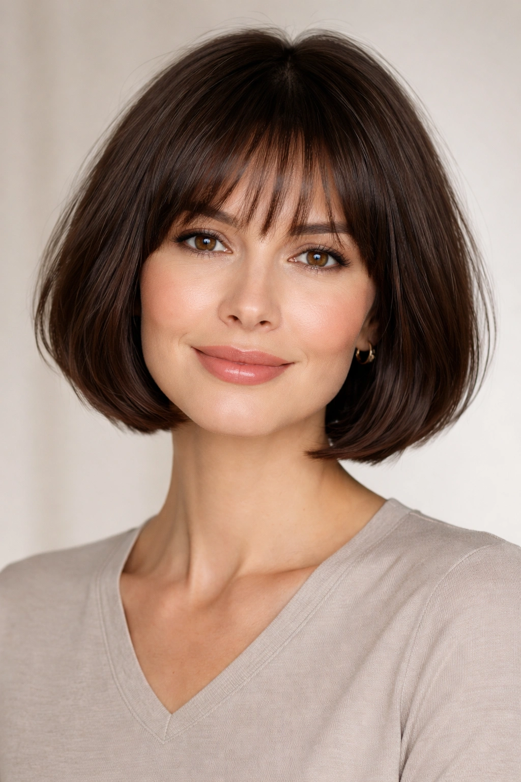 Chin-length French bob with blunt ends and wispy bangs