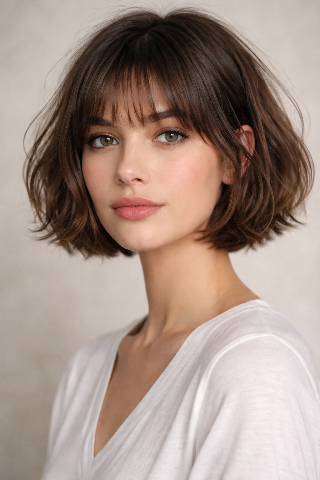 French bob with chin-length blunt cut and wispy bangs in a soft, chic look.