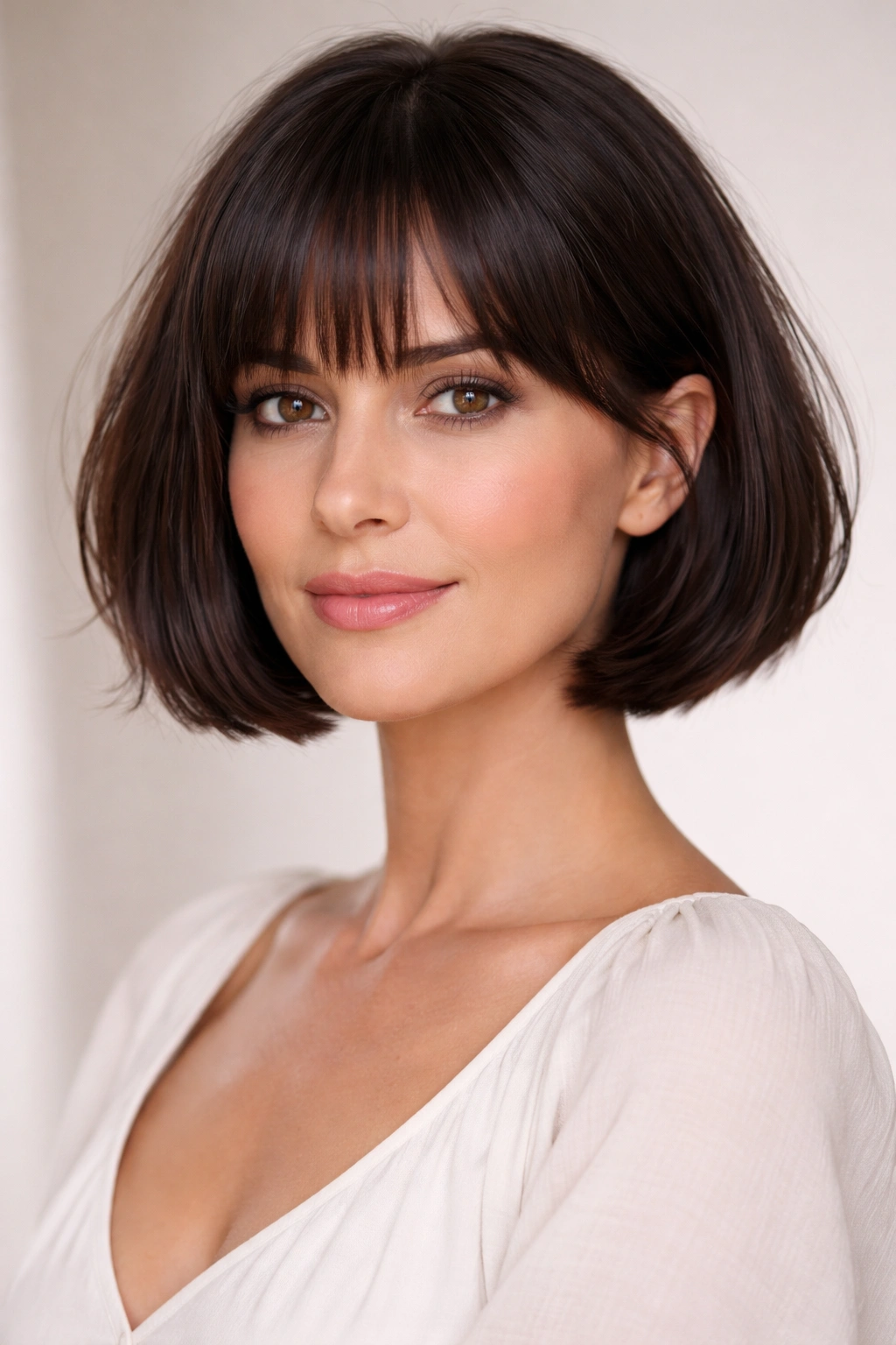 Portrait of a woman with a chin-length French bob and soft bangs.