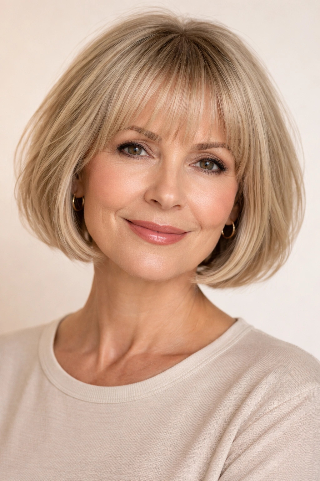 French bob with wispy bangs showing fullness and softness