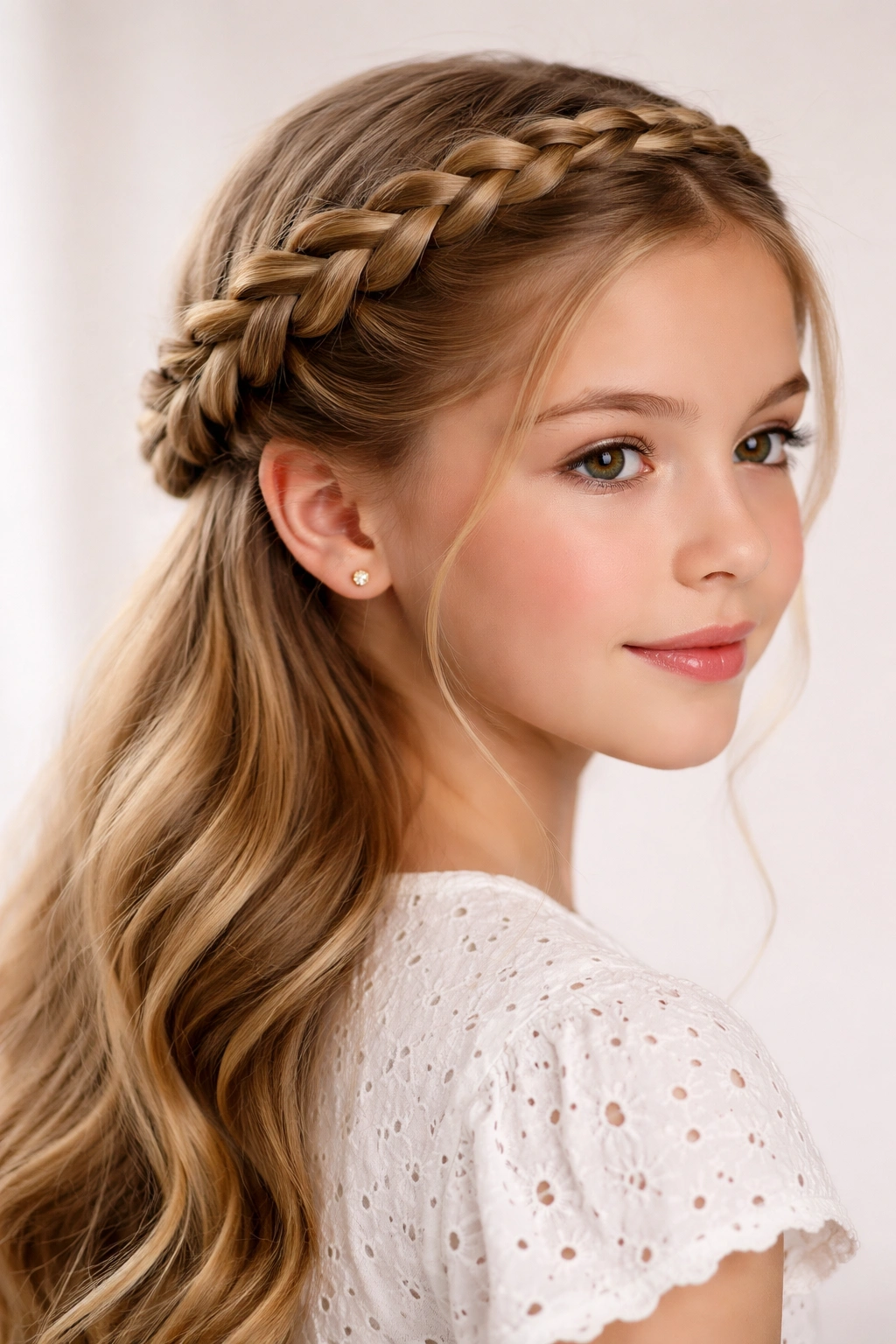 French braid crown encircling head in a three-quarter view