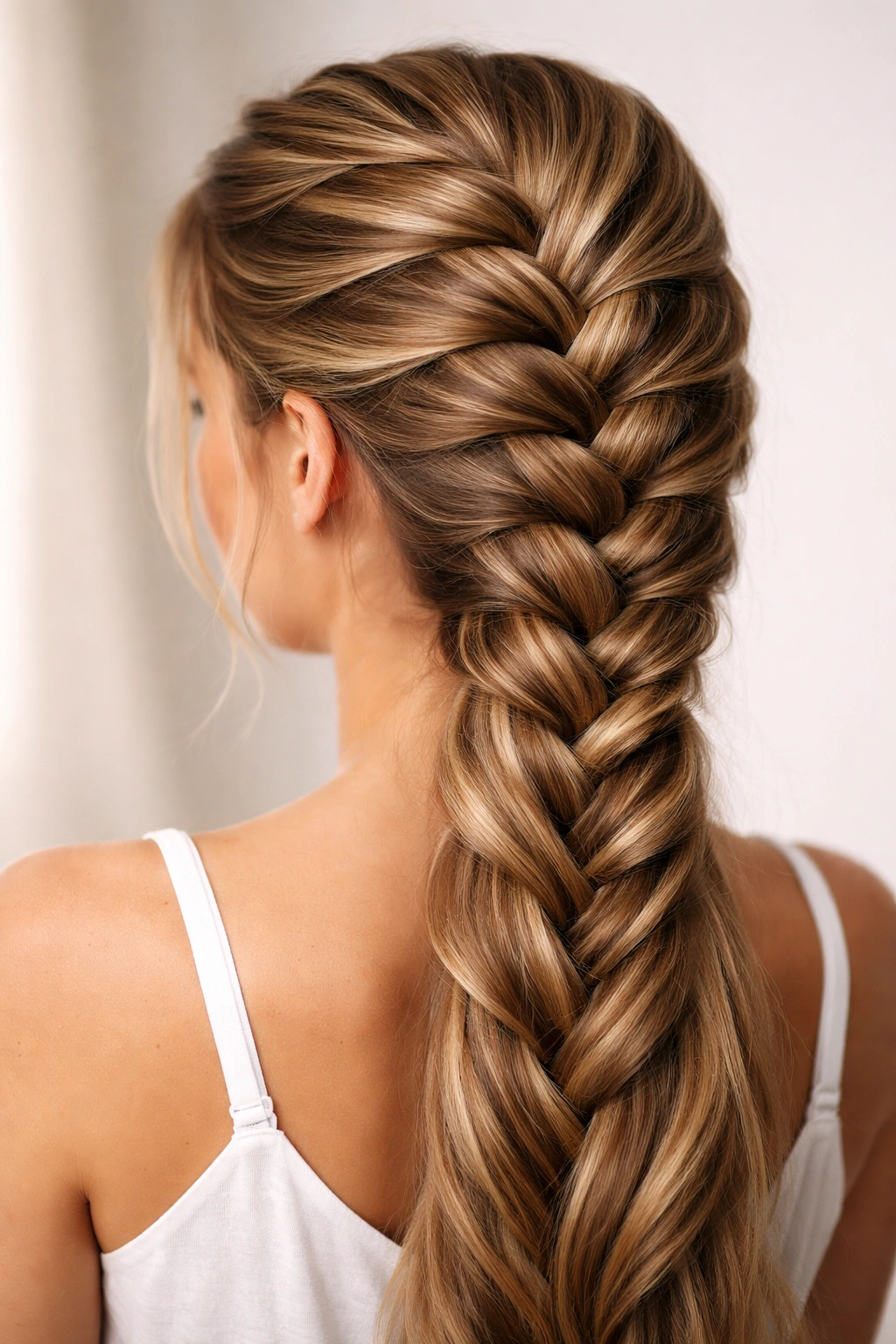 Close-up of a crown-start French braid weaving hair along the back