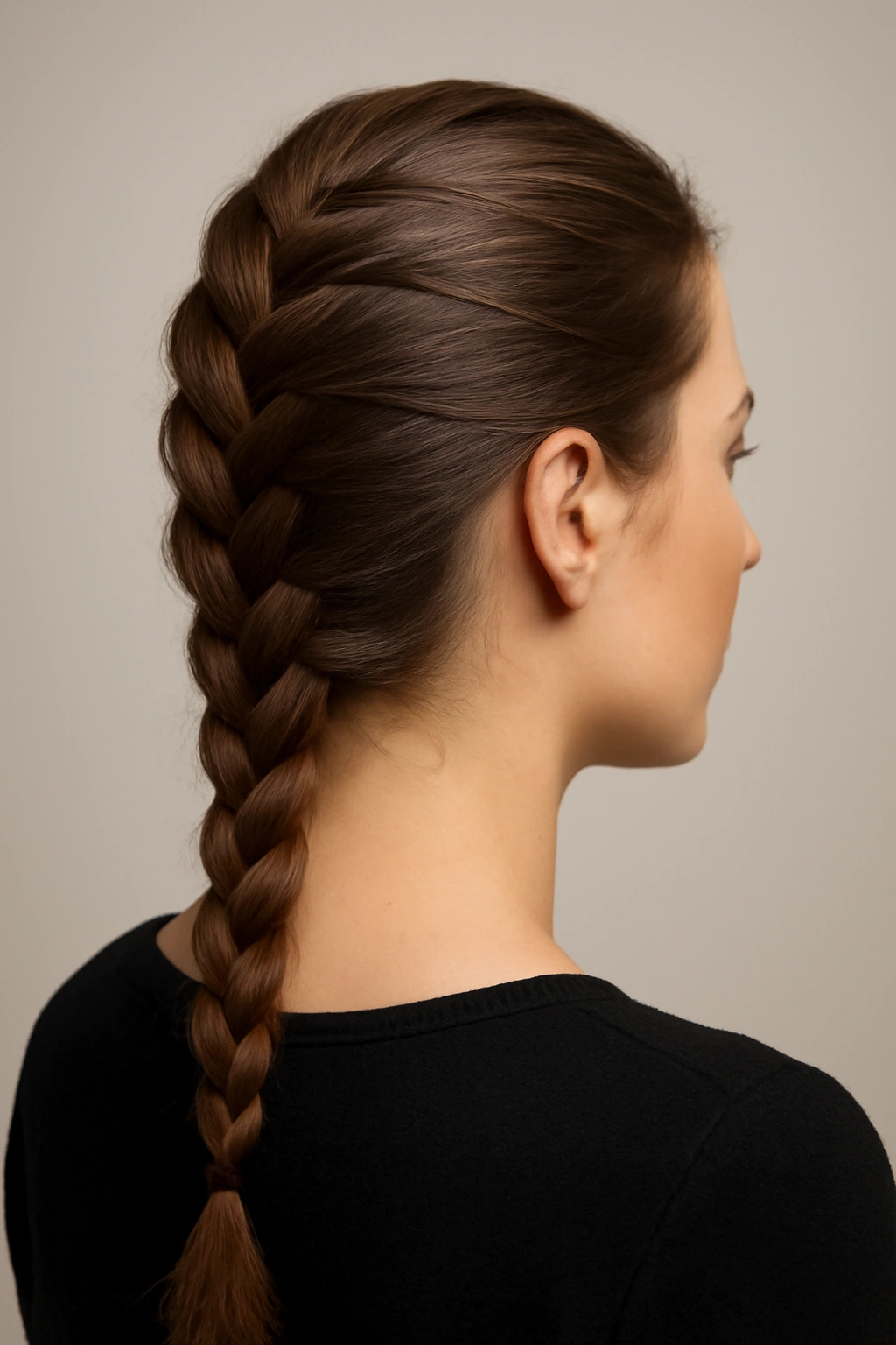 French braid along the crown in a studio portrait