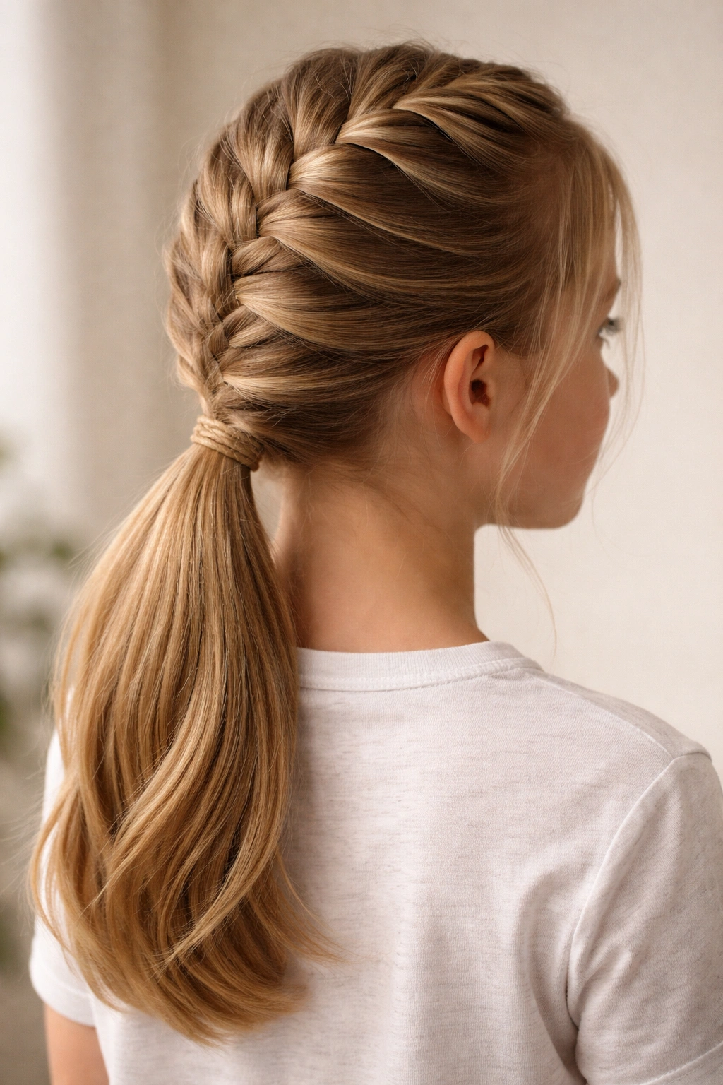 Girl's head with a French braid feeding into a low ponytail hairstyle