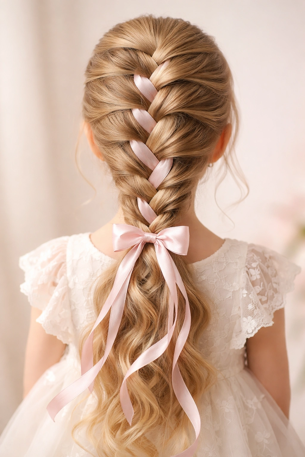 French braid with ribbon woven through and trailing along hair