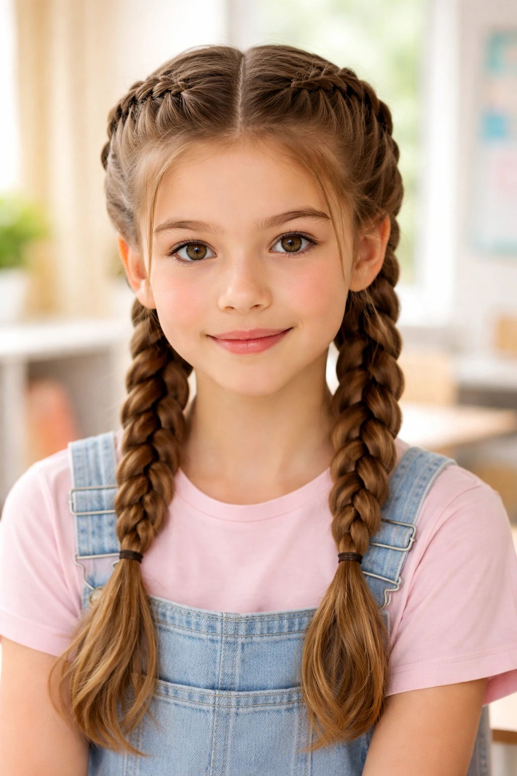 Close-up of two symmetrical French braids starting at the crown, polished school hairstyle.