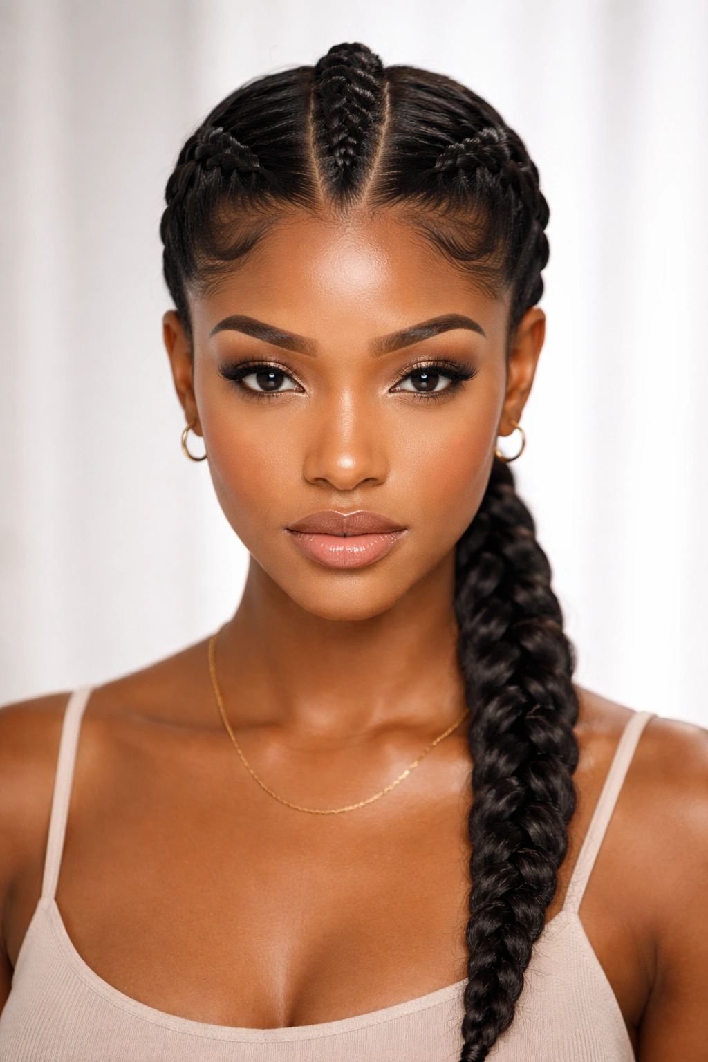 French braids running along the crown and down the center of the head in a neat style