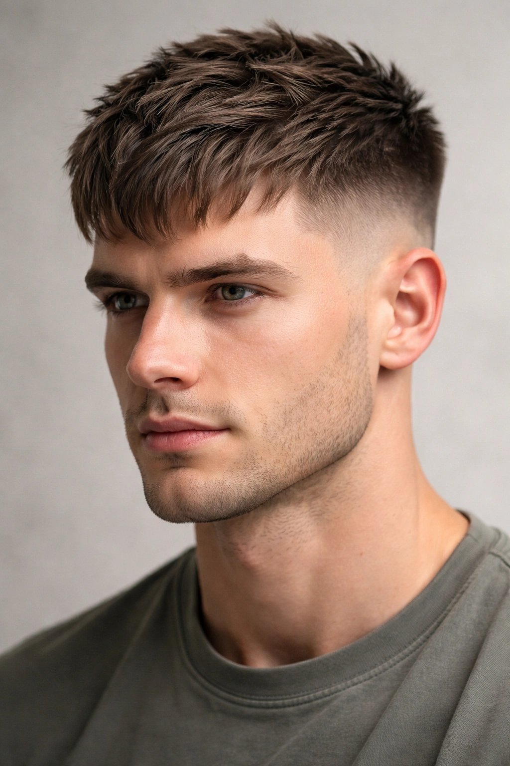 French crop hairstyle with textured forward fringe on a square-faced man