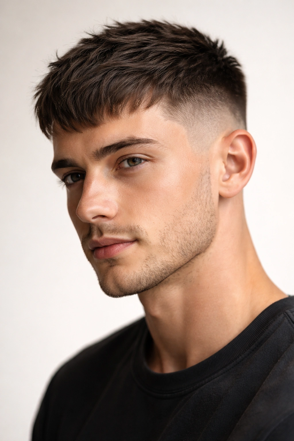 15 Short Haircuts That Look Great On An Oval Face 7 Close-up of a person with a short textured crop and faded sides, showcasing the French crop hairstyle