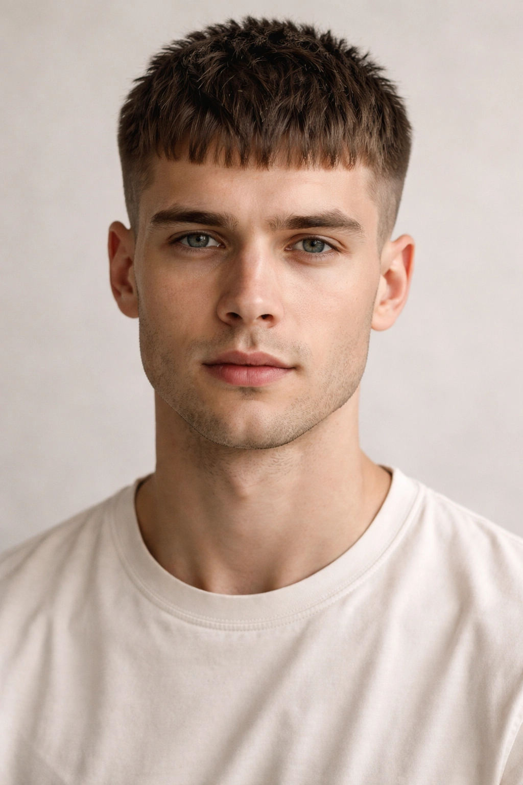 French crop hairstyle with blunt bangs and tapered sides
