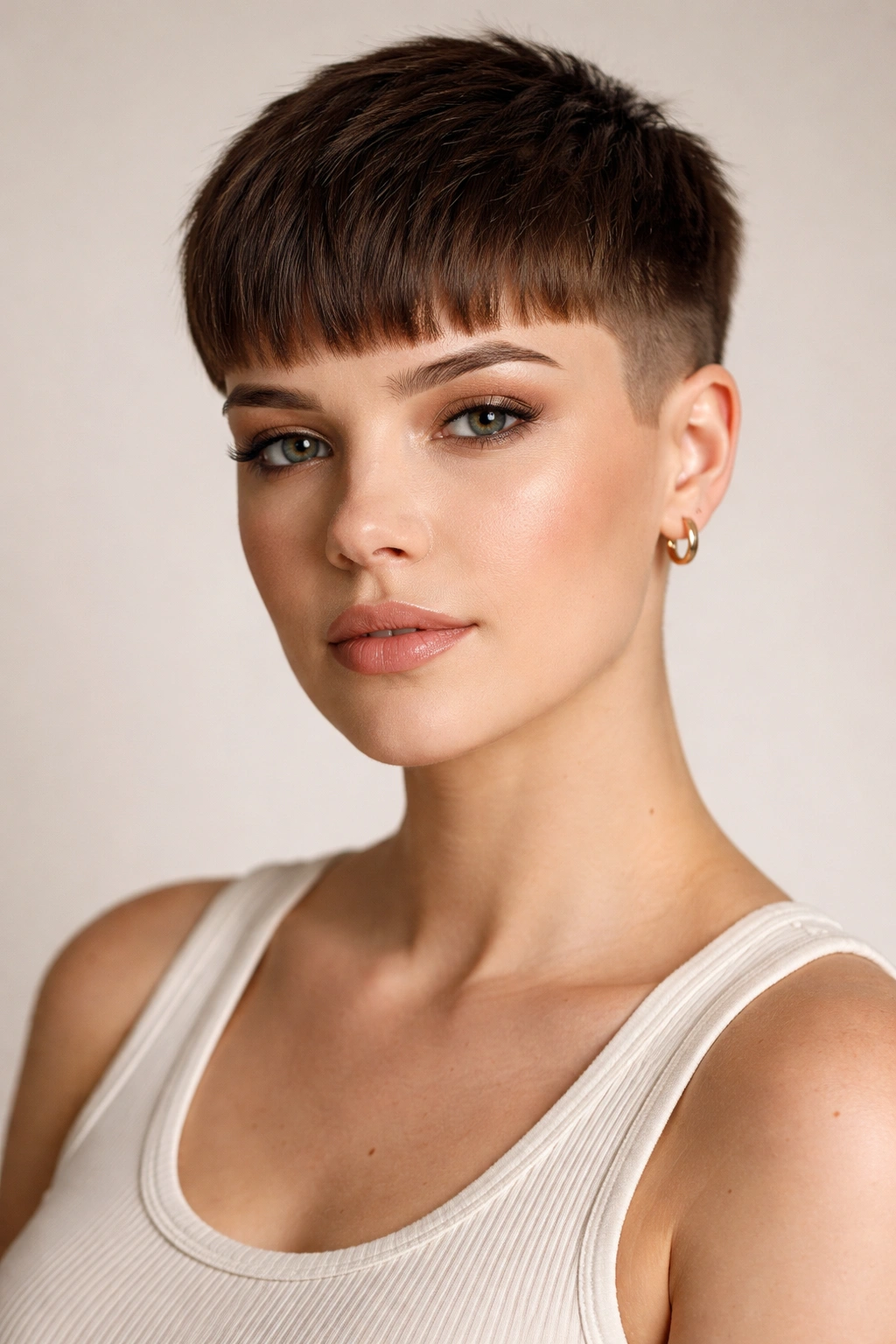 Portrait of a person with a blunt-fringed French crop and short back and sides