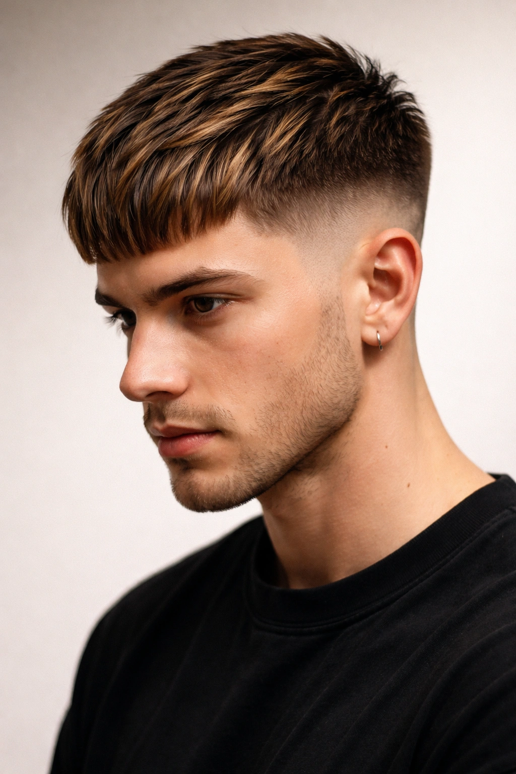 Close-up portrait of a French crop hairstyle with caramel highlights on a neutral studio backdrop