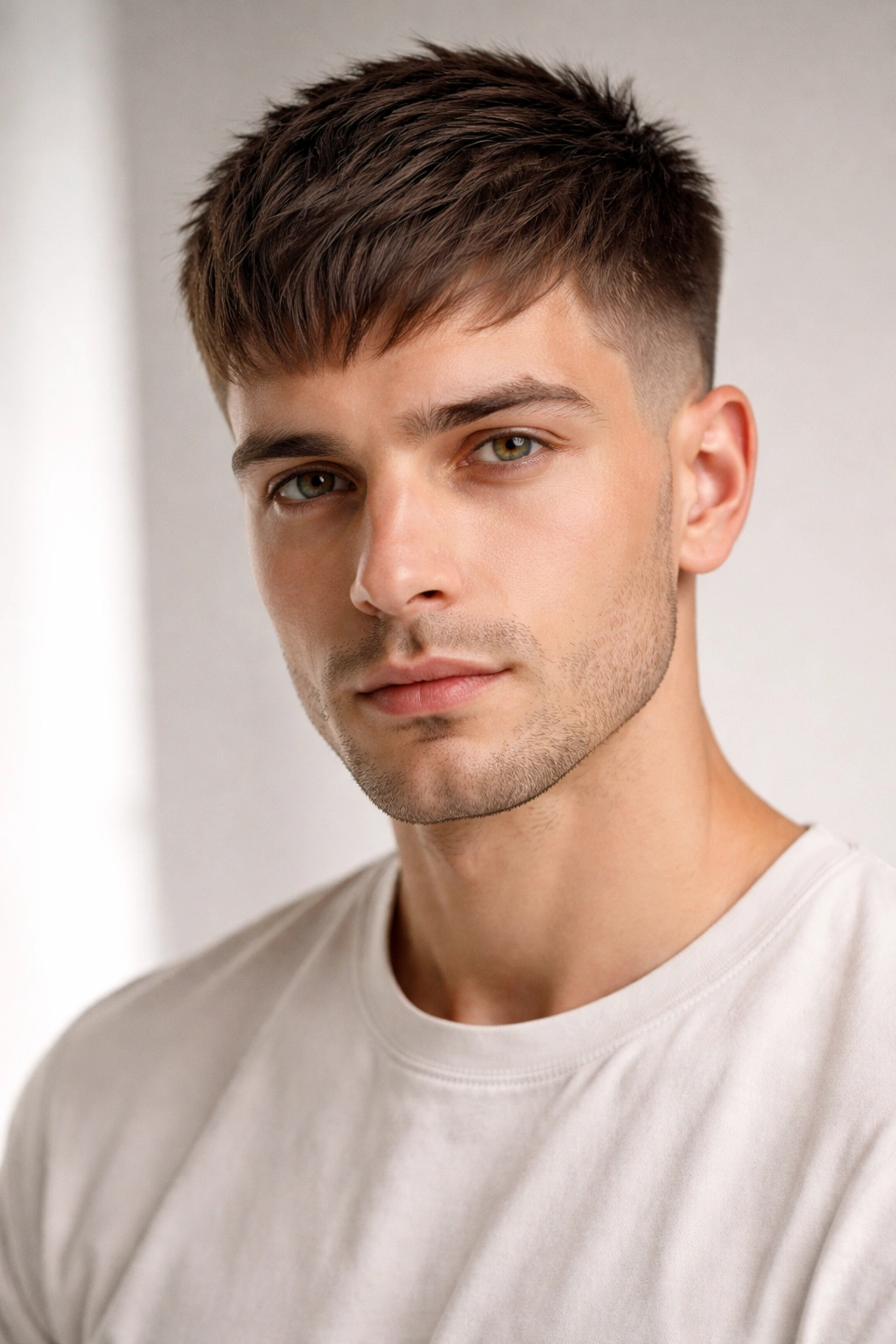 Model with a modern French crop on fine straight hair showing height on top and crisp taper