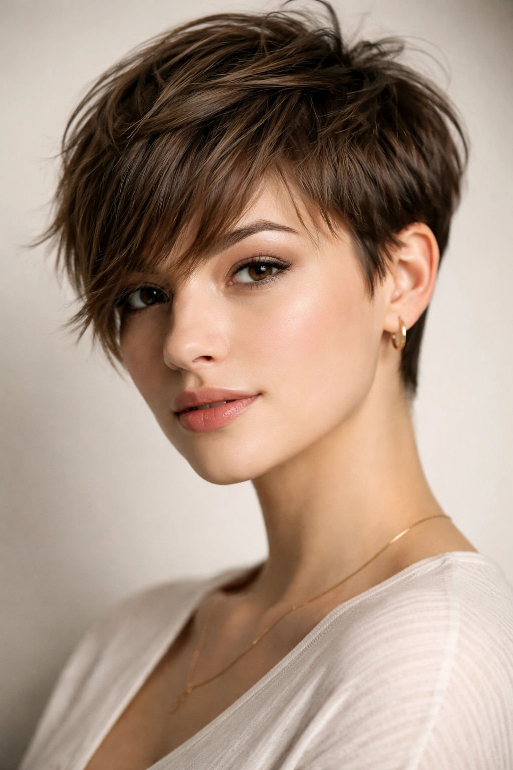 15 Slimming Short Hairstyles For Round Faces 7 Close-up of a French Girl Crop with forward-textured front pieces framing the face in a chic short hairstyle