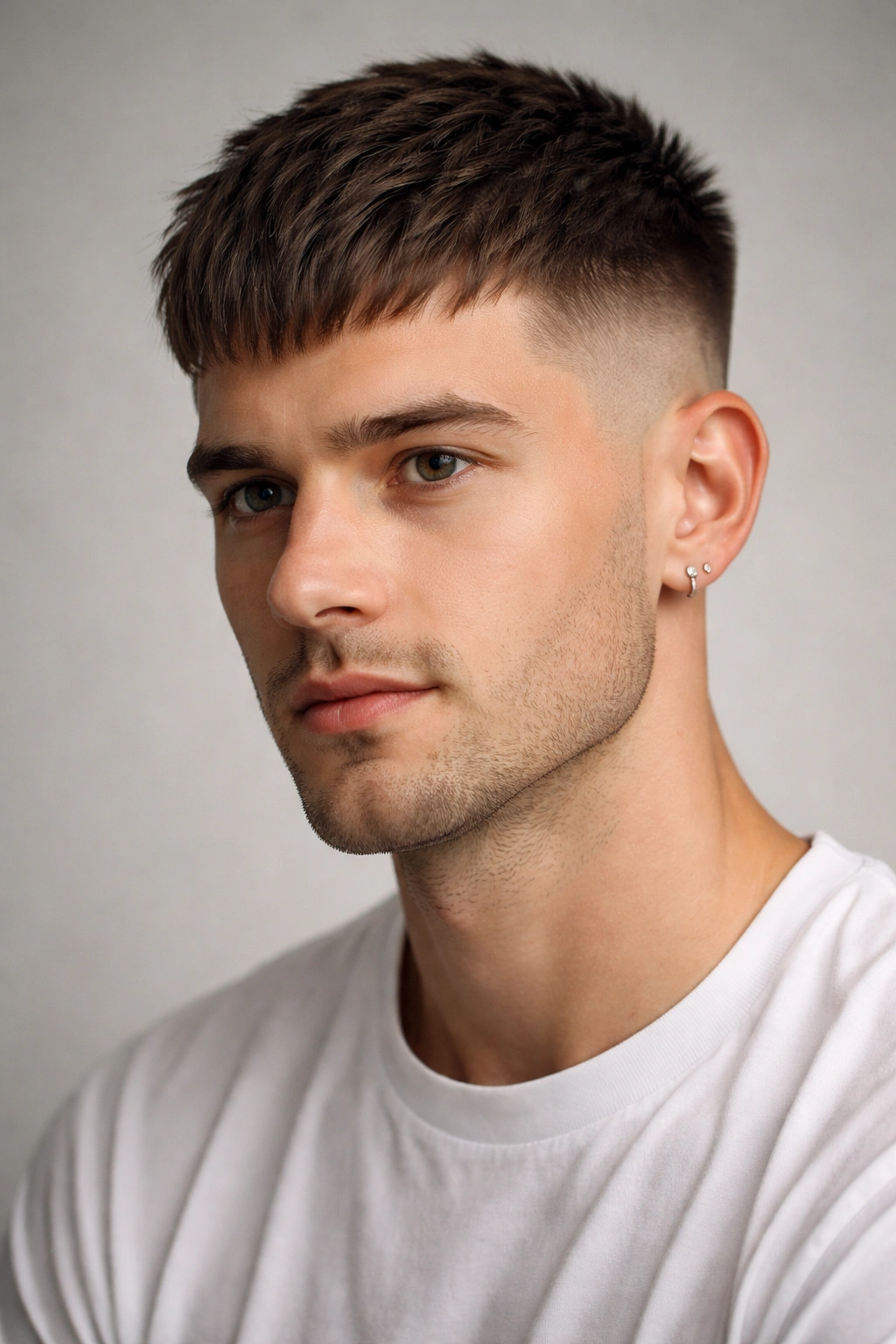 Close-up of French crop hairstyle with forward fringe