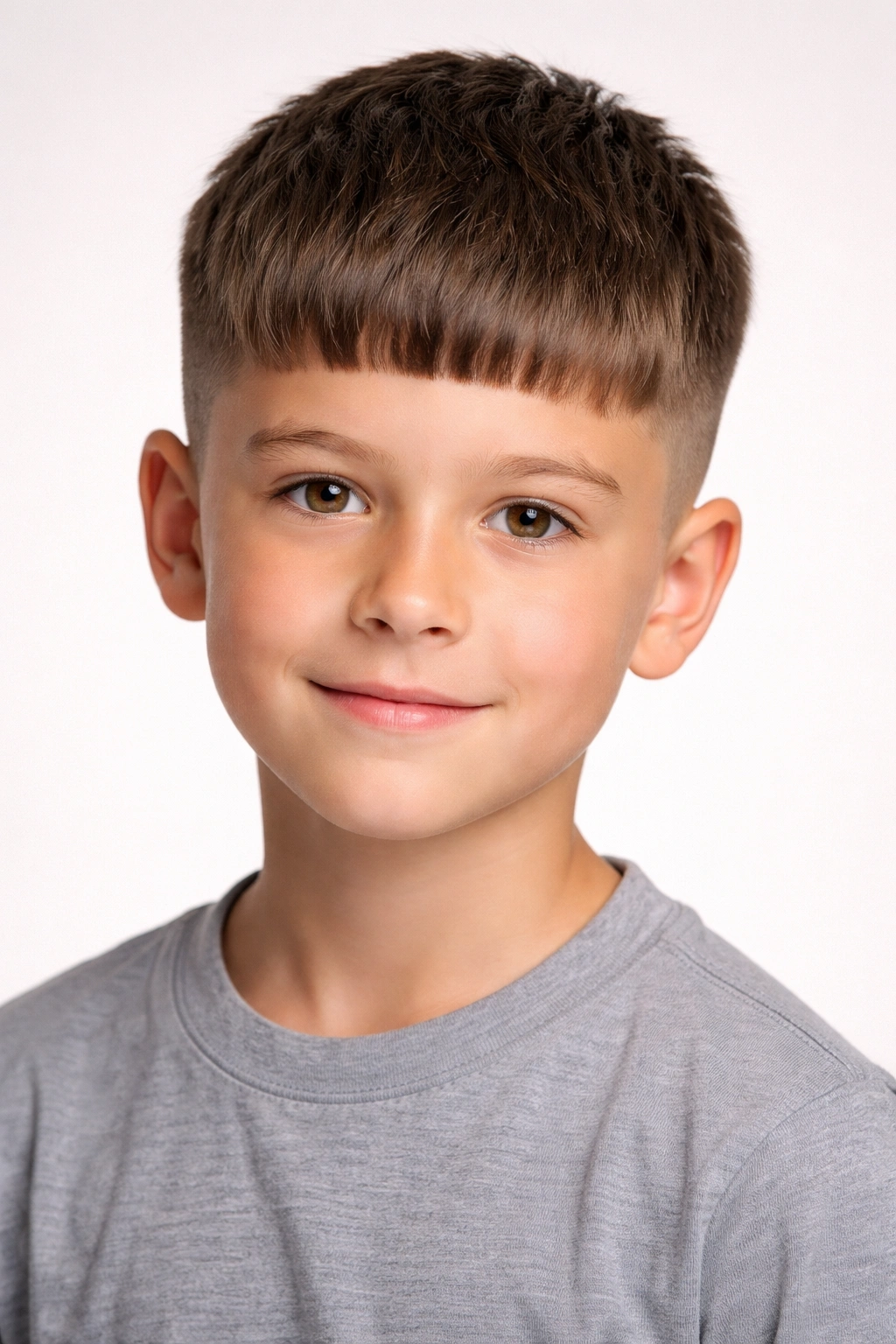 Boy with French crop showing blunt fringe and forward-weighted top.