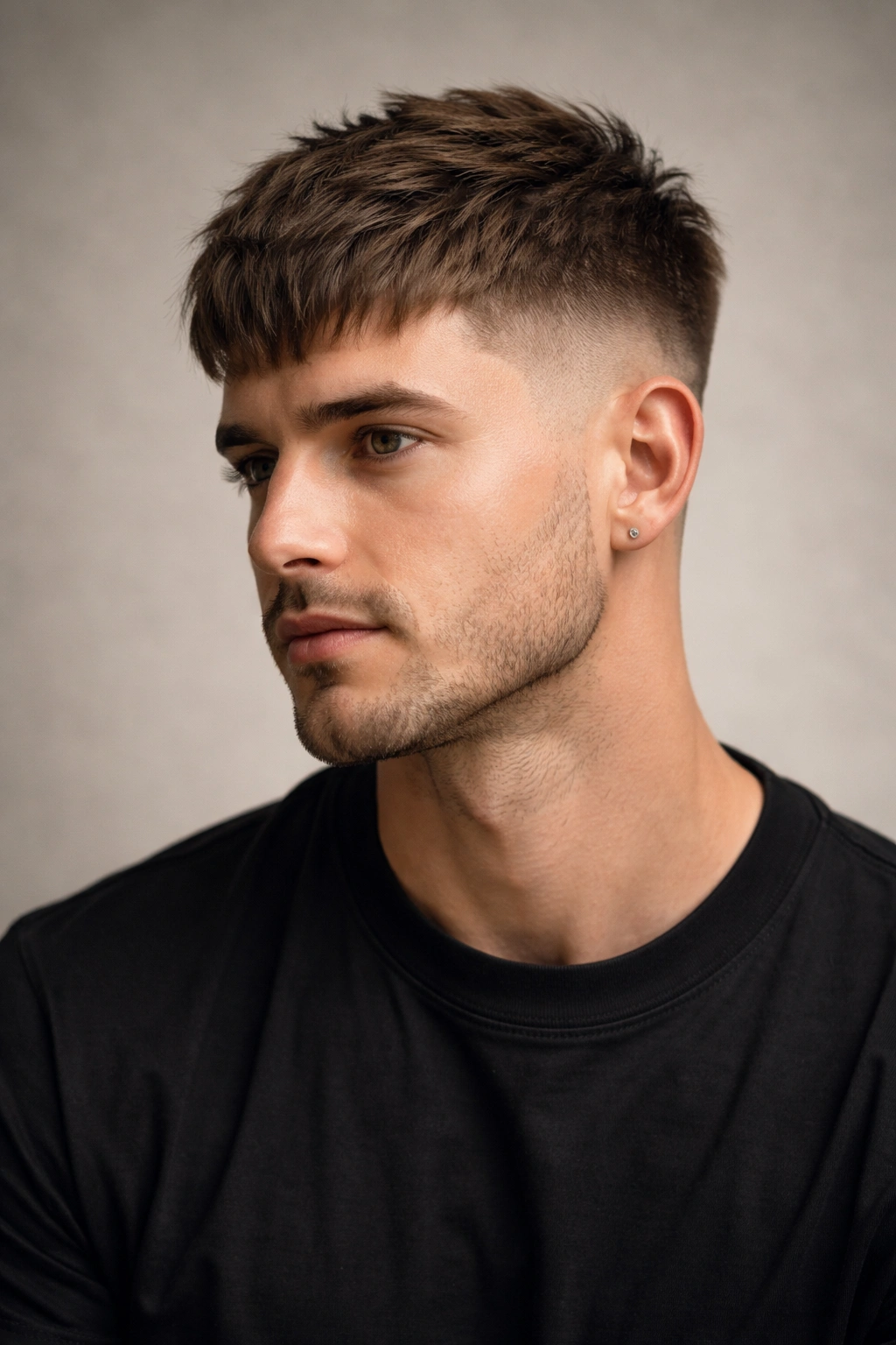Profile view of a man with a French crop featuring a textured top and longer front fringe
