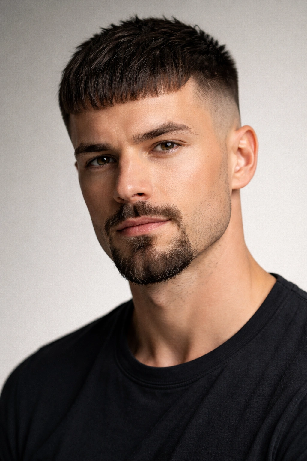 Portrait of a man with French crop and goatee, studio lighting