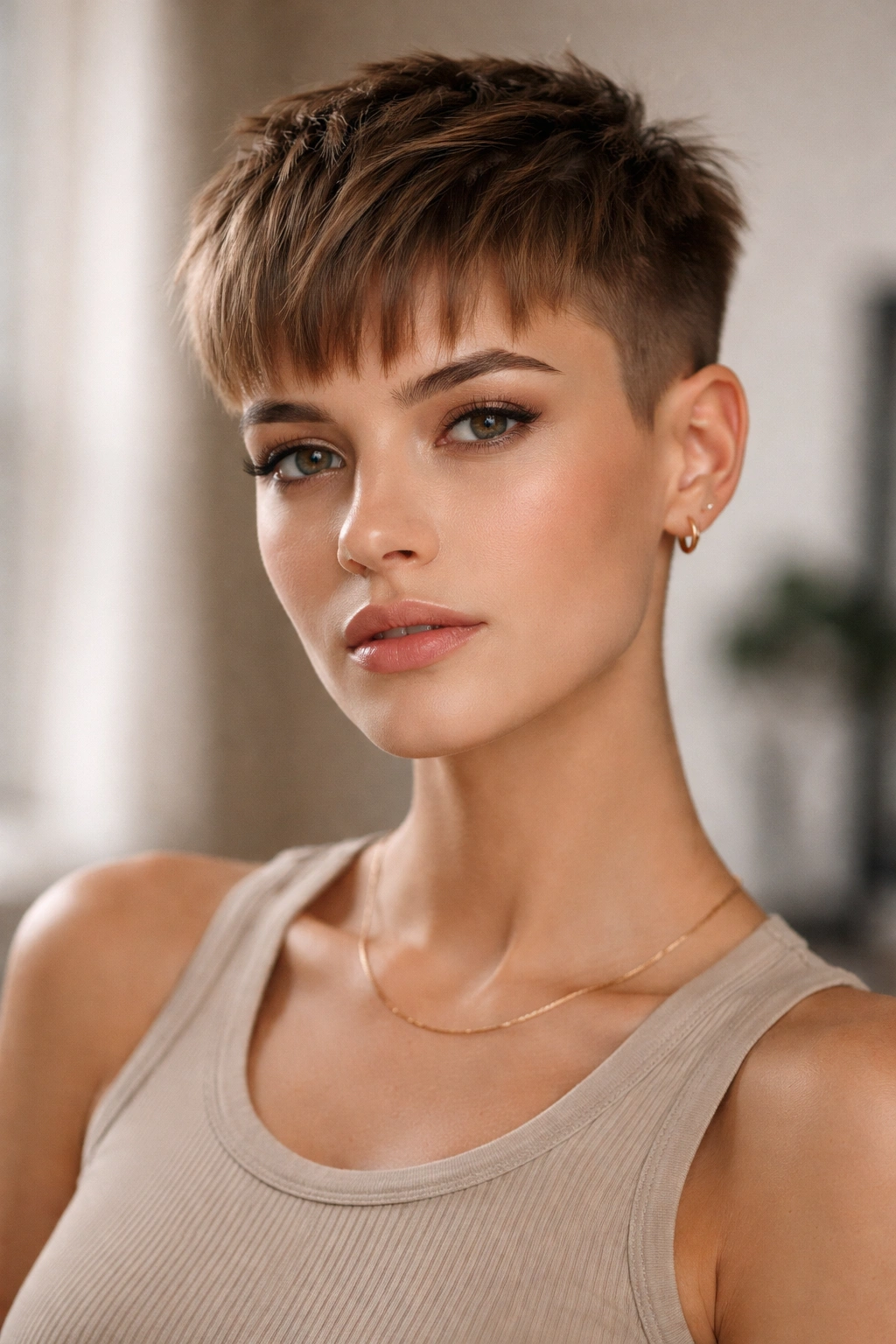 25 Short Haircuts Women Can T Stop Asking For 4 Portrait of a person with a French crop featuring a longer top and soft fringe.