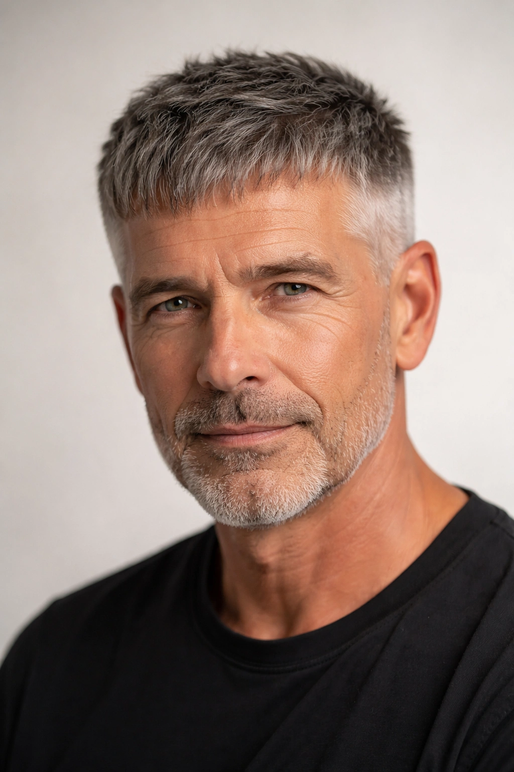 Close-up of a mature man’s French crop hairstyle with short fringe and textured top