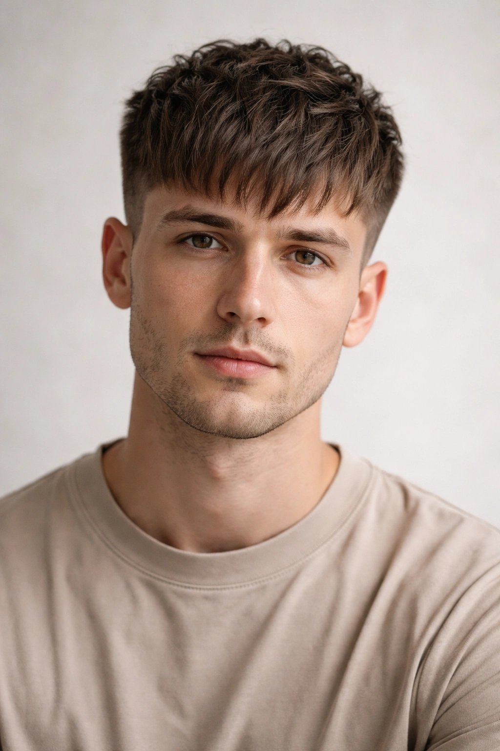 French crop hairstyle with longer top and fringe resting on forehead
