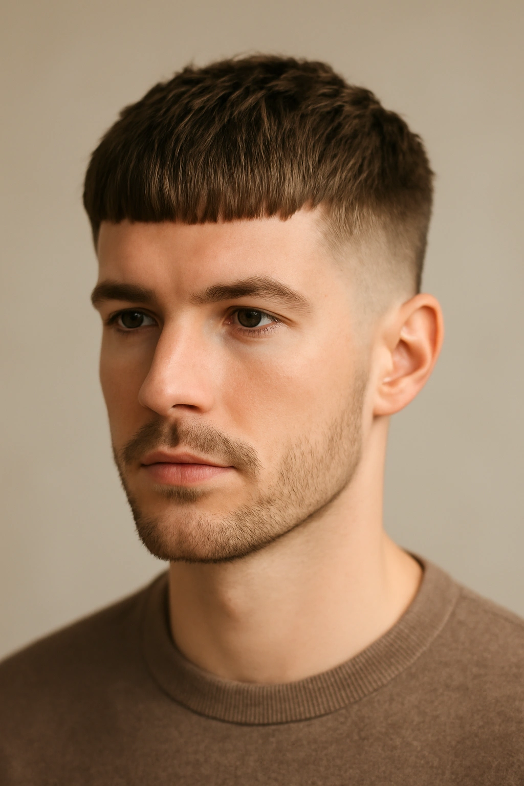 20 Men's Haircuts Matched to Face Shape and Hair Type 13 Close-up portrait of a man with a French crop, thick fringe and faded sides
