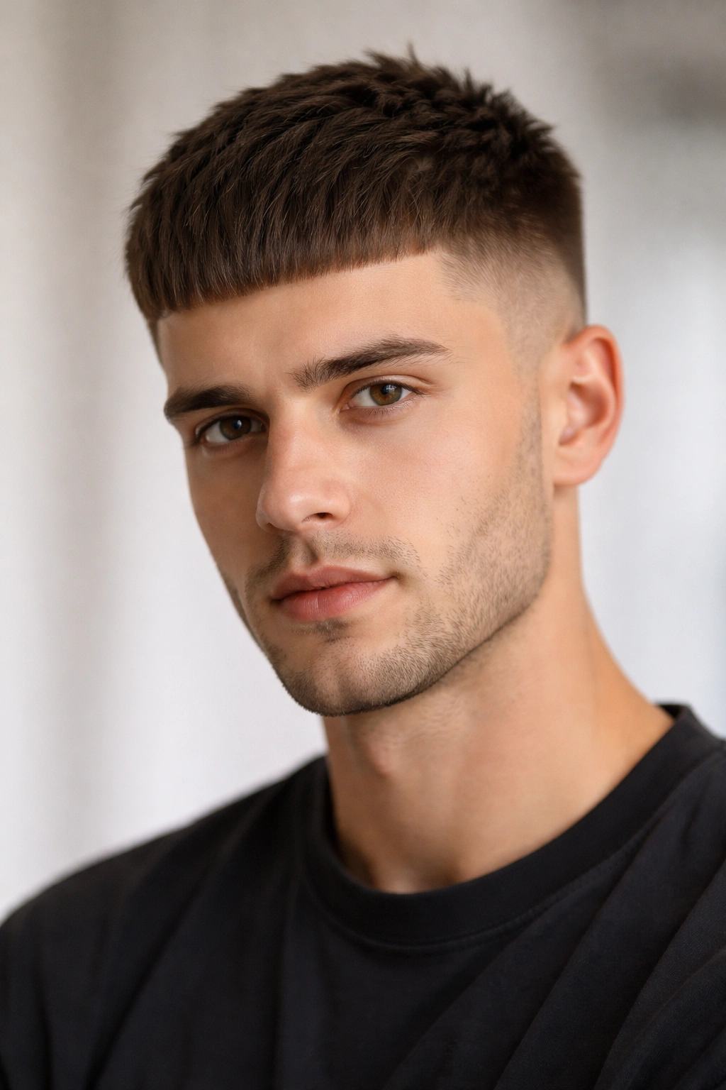 15 Easy Haircuts That Are Simple To Maintain 10 French crop hairstyle with flat top and blunt bangs in studio portrait