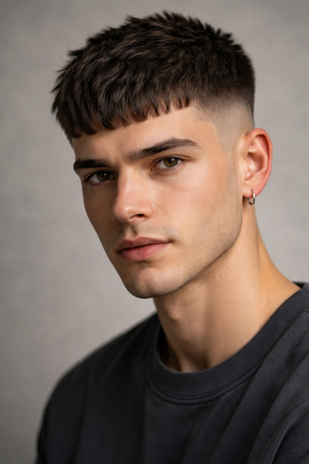 Close-up of a person with a French crop: longer top, faded sides, textured fringe