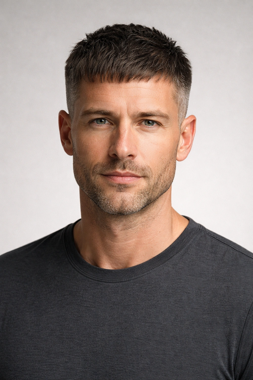 Man with French crop haircut featuring a short fringe and short sides