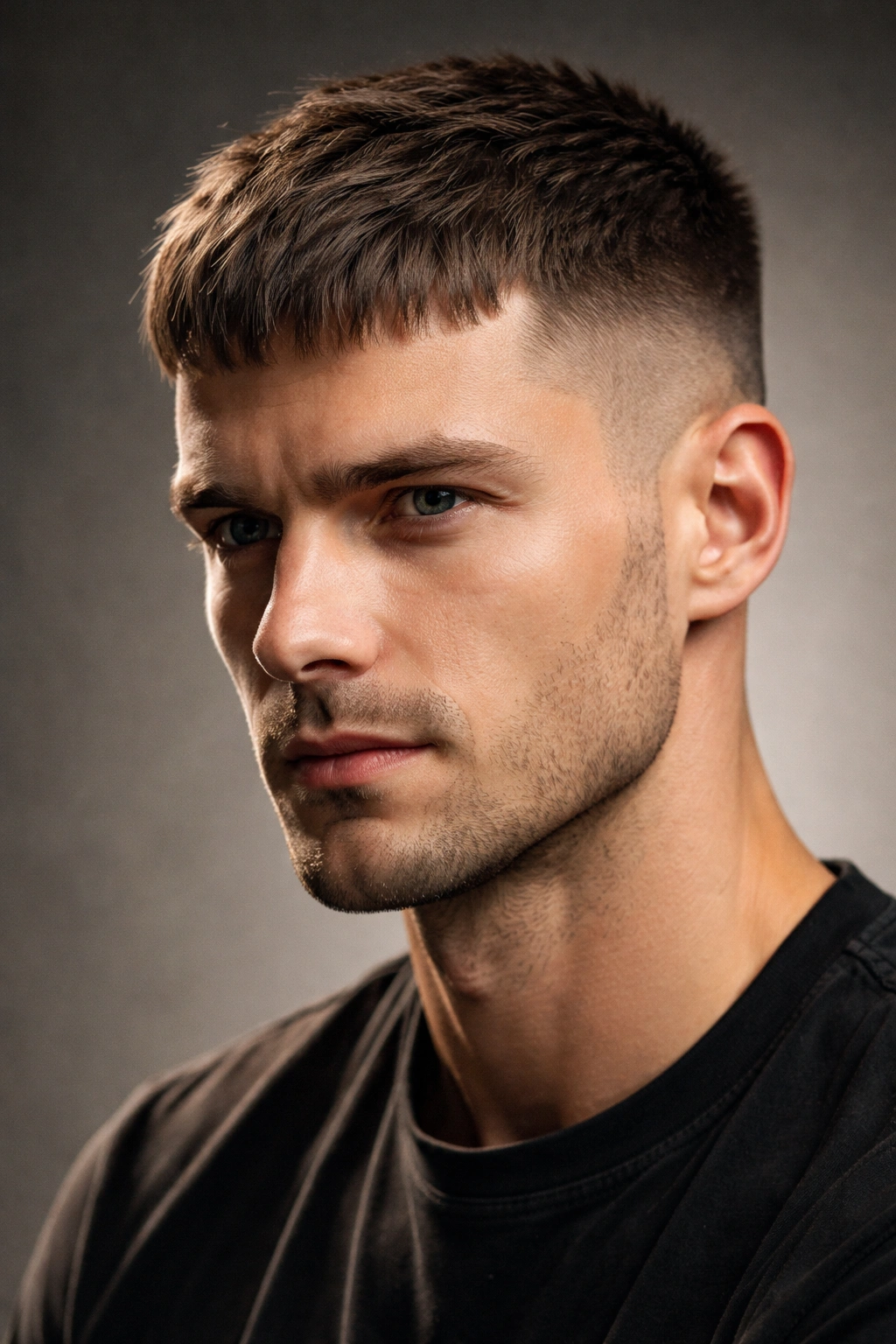 Portrait of a man with French crop featuring short sides and forward fringe.