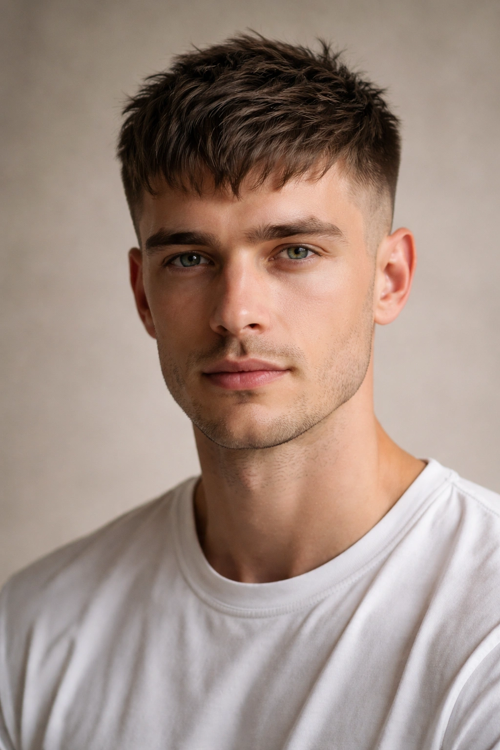 French crop hairstyle with longer top and short sides.