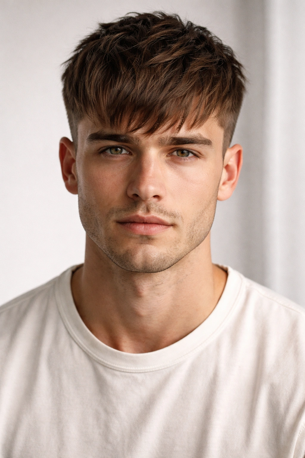 French crop hairstyle with short sides and longer textured fringe