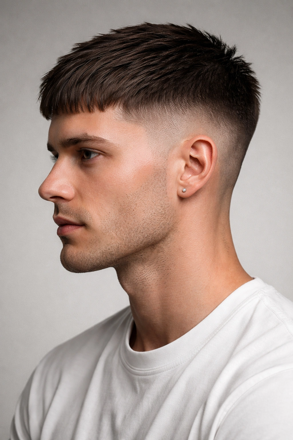 Profile view of classic French crop with short fringe and clean sides