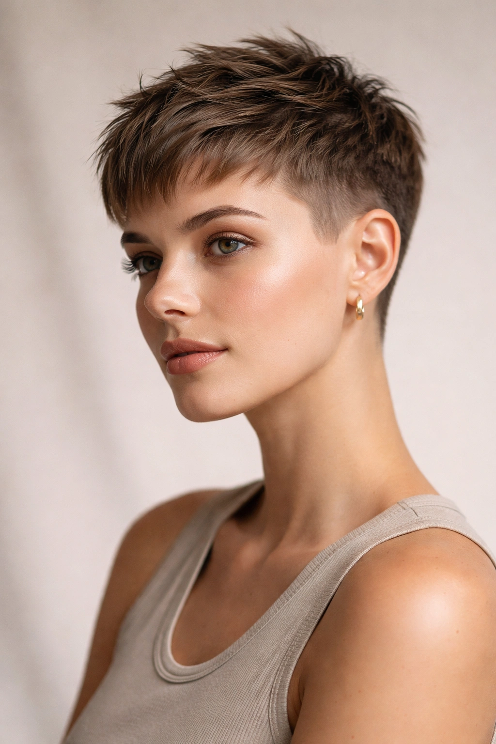 Close-up of a woman with a French crop showing textured top and clipped sides
