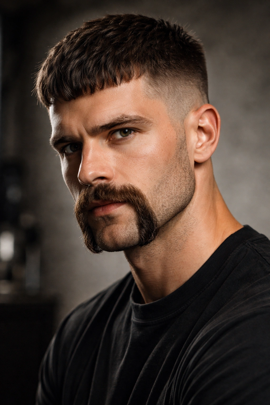 French crop with horseshoe mustache showing forward fringe and short sides