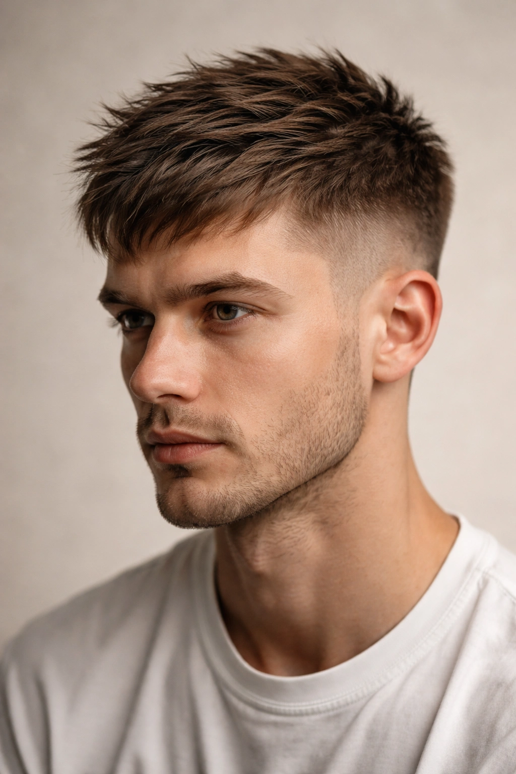 Man's French crop with textured top swept forward.