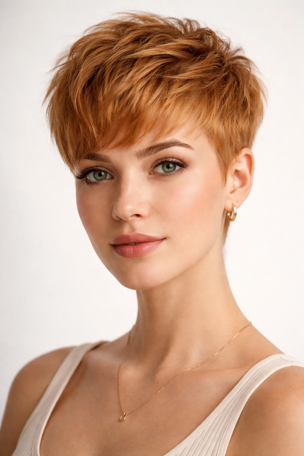 Short textured French crop with crown volume in strawberry blonde.