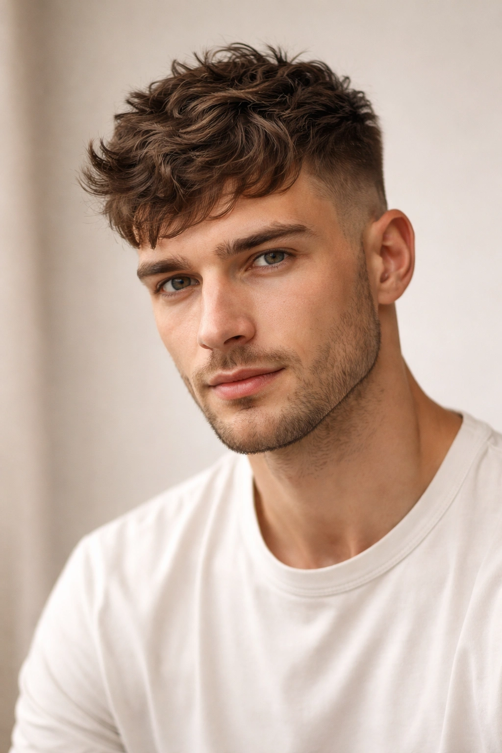 Front-facing Tousled French crop with very short sides and textured top