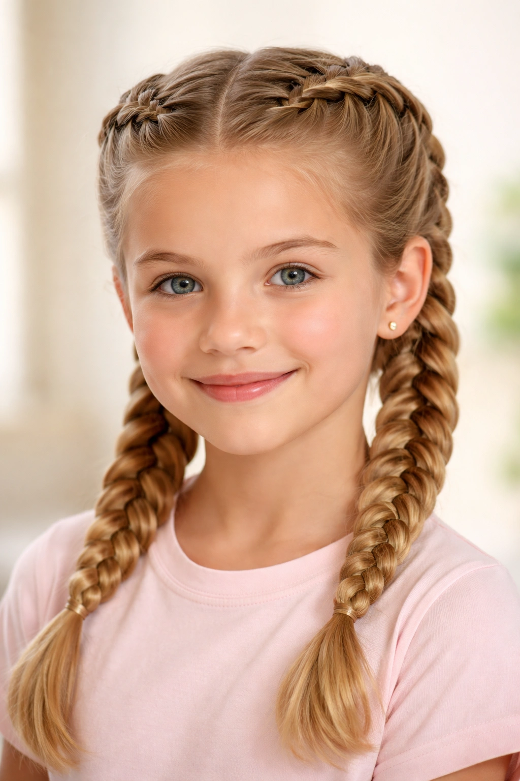 Two braids along the head from temples to nape showing French and Dutch braiding styles.