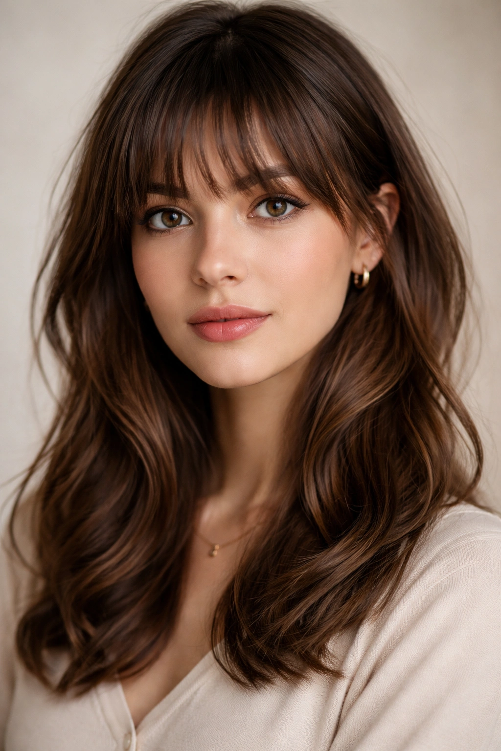 Close-up of wispy French girl bangs with texture on medium-length hair