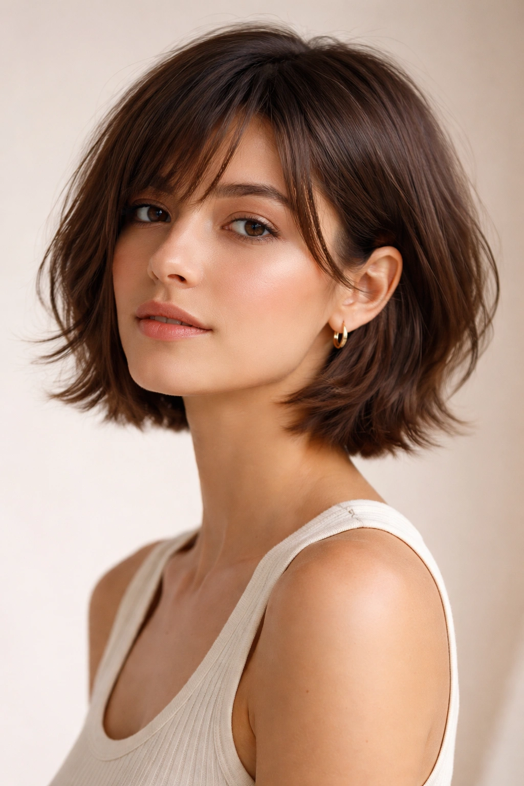 Portrait of a person with chin-length French girl bob and wispy ends.