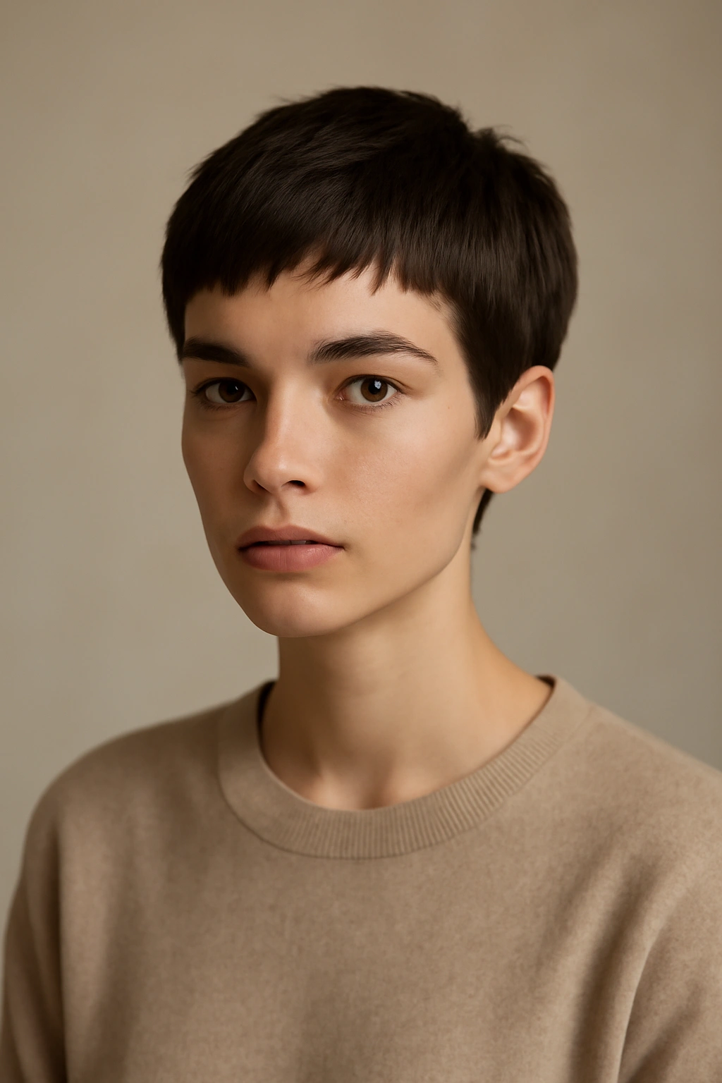 Portrait of a woman with a minimalist French girl crop hairstyle