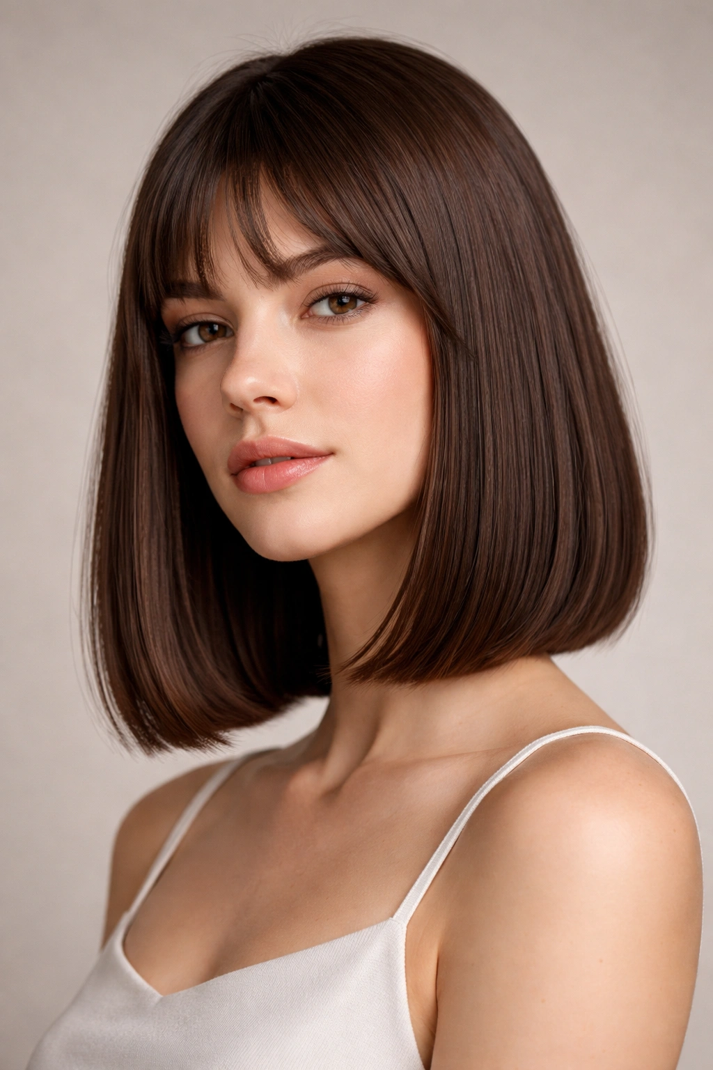 Shoulder-length straight cut with minimal layering and subtle bend at ends