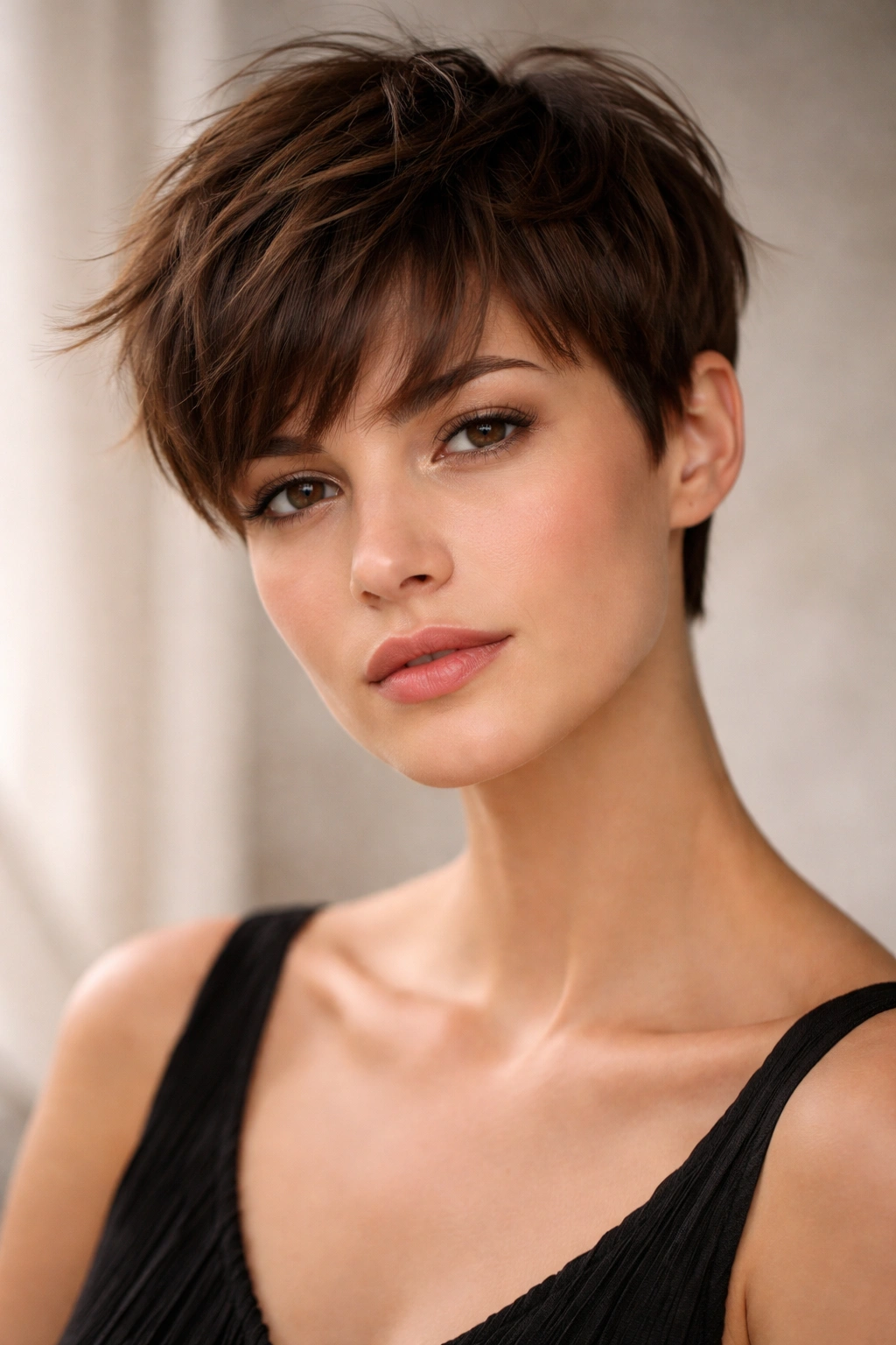 Portrait of a person with French pixie cut showing longer top layers