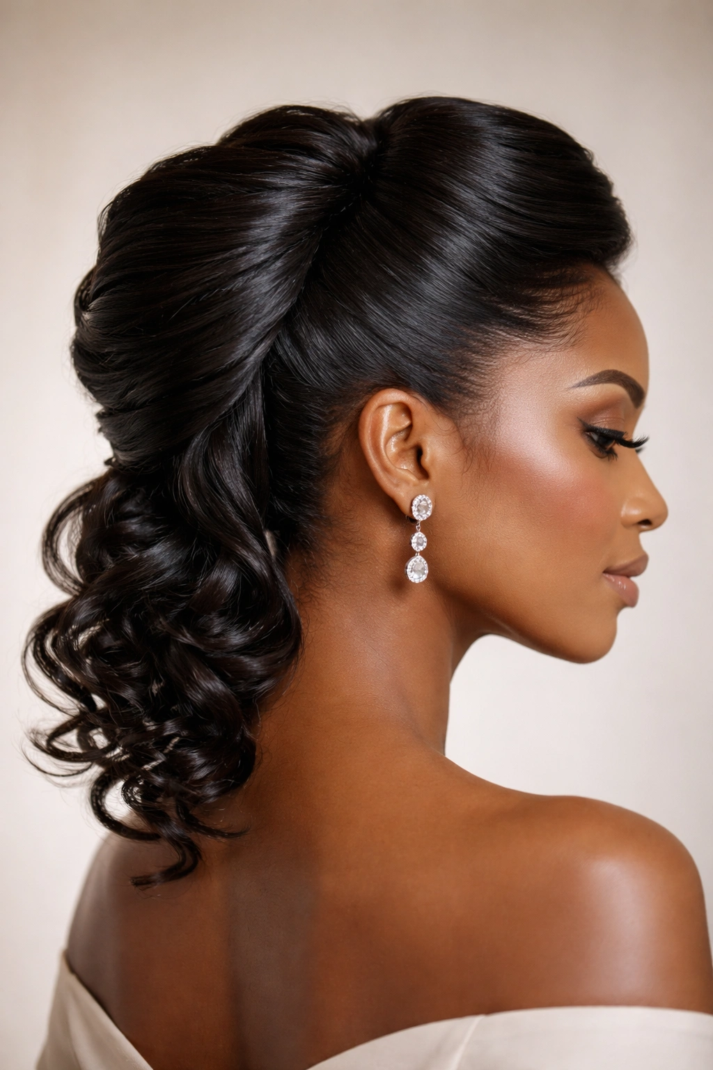 French Roll with Curled Ends hairstyle in profile showing curling ends escaping the roll